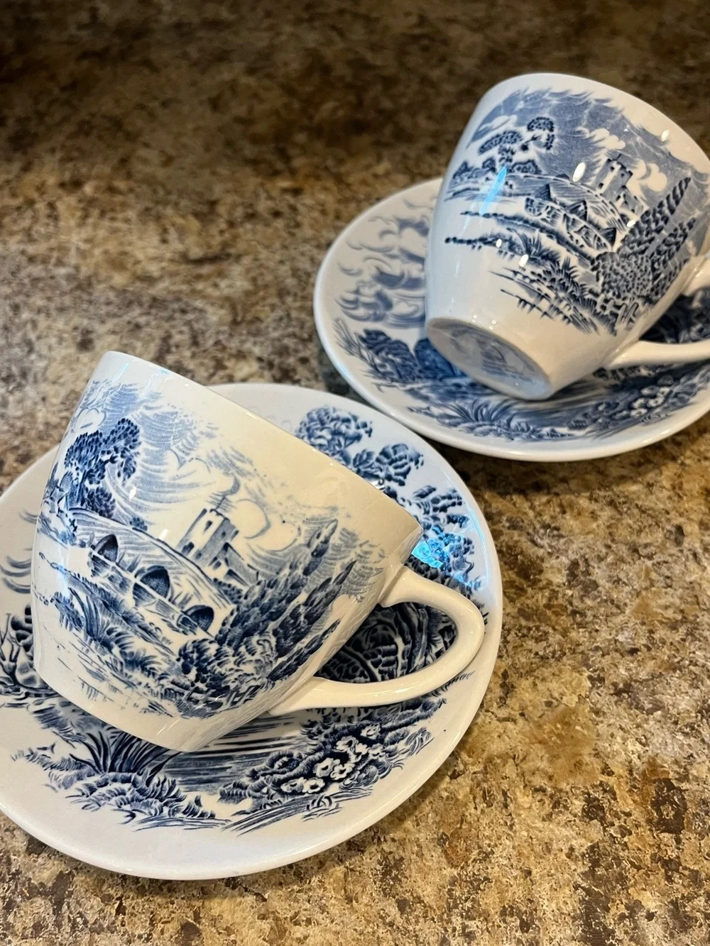 Wedgwood Countryside Teacups and Saucers Set of 2 Blue and White, England